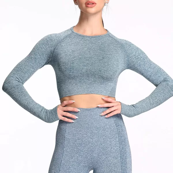Aoxjox Long Sleeve Crop Tops for Women Vital Workout Seamless Crop T Shirt TopF Marine Blue Marl  Crop Top 