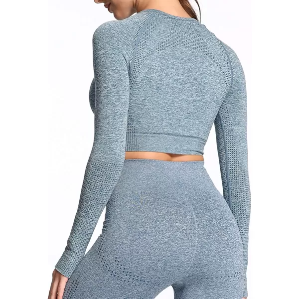 Aoxjox Long Sleeve Crop Tops for Women Vital Workout Seamless Crop T Shirt TopF Marine Blue Marl  Crop Top 