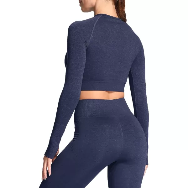 Aoxjox Long Sleeve Crop Tops for Women Vital Workout Seamless Crop T Shirt TopF Navy Marl  Crop Top 