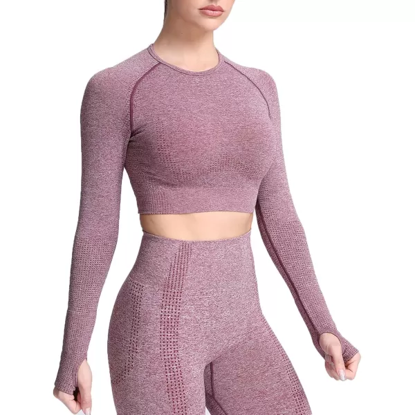 Aoxjox Long Sleeve Crop Tops for Women Vital Workout Seamless Crop T Shirt TopF Wine Red Marl  Crop Top 