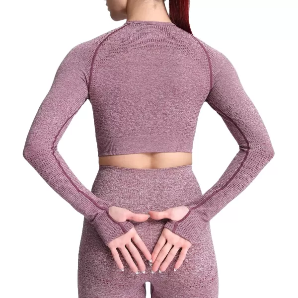 Aoxjox Long Sleeve Crop Tops for Women Vital Workout Seamless Crop T Shirt TopF Wine Red Marl  Crop Top 