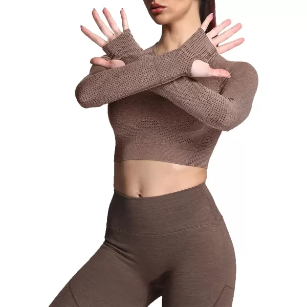 Aoxjox Long Sleeve Crop Tops for Women Vital Workout Seamless Crop T Shirt TopVital New Brown Marl