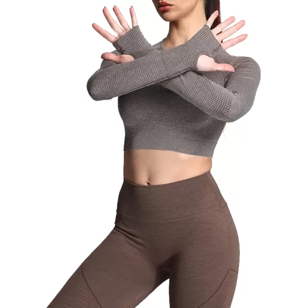 Aoxjox Long Sleeve Crop Tops for Women Vital Workout Seamless Crop T Shirt TopVital New Dark Coffee Marl