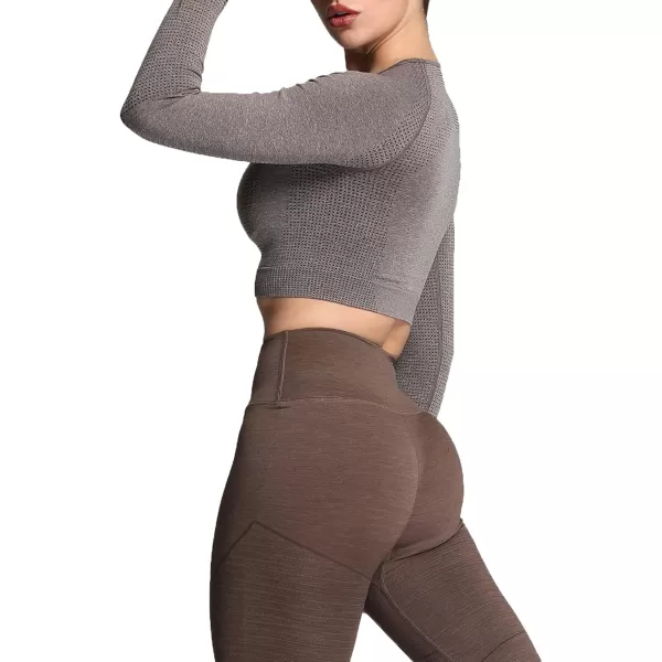 Aoxjox Long Sleeve Crop Tops for Women Vital Workout Seamless Crop T Shirt TopVital New Dark Coffee Marl