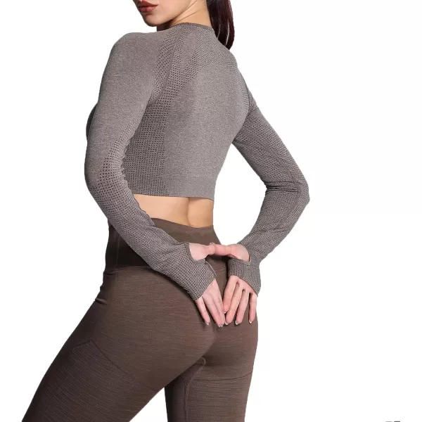 Aoxjox Long Sleeve Crop Tops for Women Vital Workout Seamless Crop T Shirt TopVital New Dark Coffee Marl
