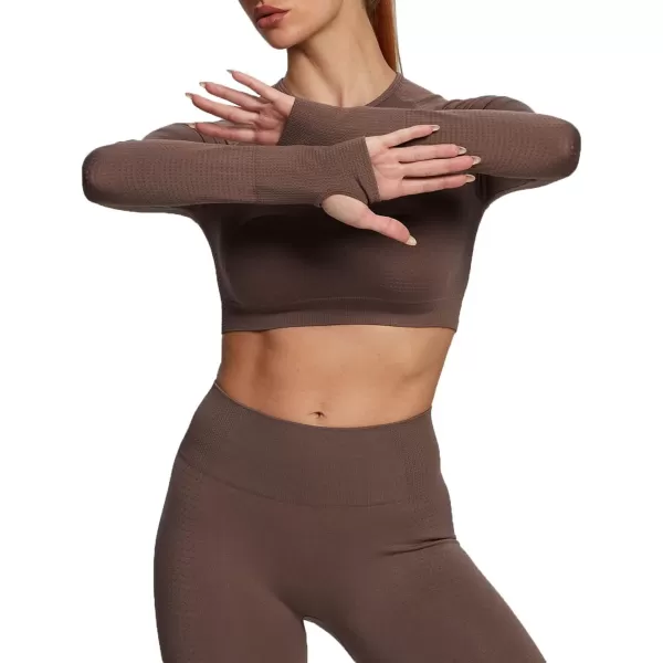 Aoxjox Long Sleeve Crop Tops for Women Vital Workout Seamless Crop T Shirt TopVital New Fudge Coffee
