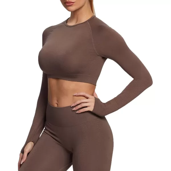 Aoxjox Long Sleeve Crop Tops for Women Vital Workout Seamless Crop T Shirt TopVital New Fudge Coffee