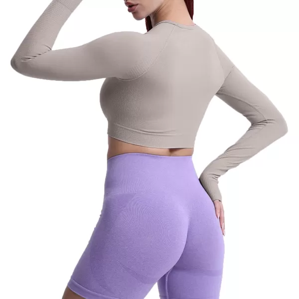 Aoxjox Long Sleeve Crop Tops for Women Vital Workout Seamless Crop T Shirt TopVital New Washed Taupe Marl