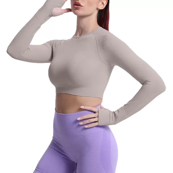 Aoxjox Long Sleeve Crop Tops for Women Vital Workout Seamless Crop T Shirt TopVital New Washed Taupe Marl