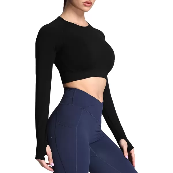 Aoxjox Long Sleeve Crop Tops for Women Vital Workout Seamless Crop T Shirt TopVital Old Black Marl