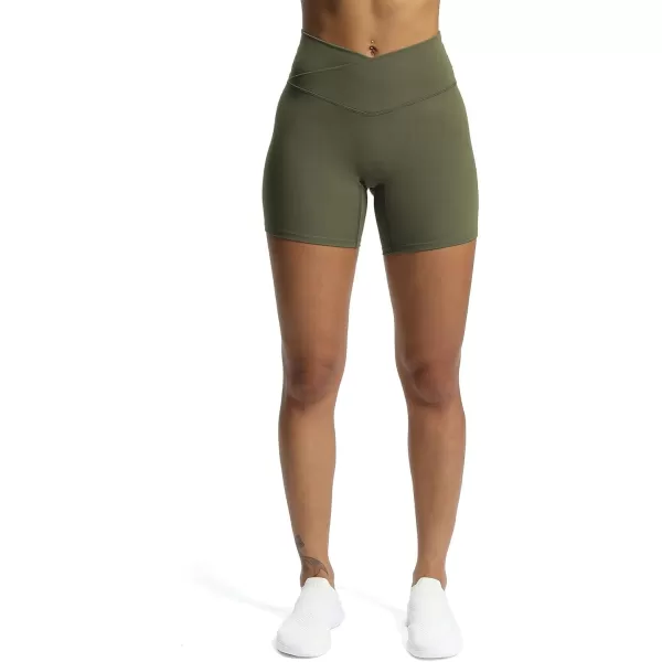 Aoxjox Trinity Workout Biker Shorts for Women CrossWaist Crossover High Waisted Exercise Athletic Gym Running Yoga Shorts 6quotOlive Green