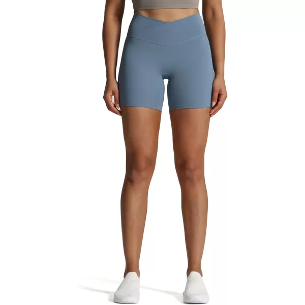 Aoxjox Trinity Workout Biker Shorts for Women CrossWaist Crossover High Waisted Exercise Athletic Gym Running Yoga Shorts 6quotSteel Blue