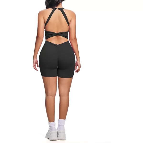 Aoxjox Twist Front and Back Workout Lola Romper for Women  HighWaist One Piece Scrunch Gym Yoga Sports Jumpsuit 6quotBlack Run Large  Choose One Size Down