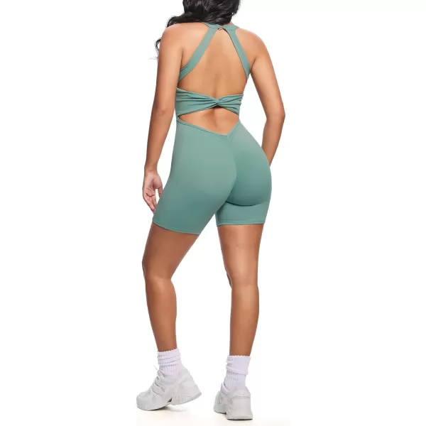 Aoxjox Twist Front and Back Workout Lola Romper for Women  HighWaist One Piece Scrunch Gym Yoga Sports Jumpsuit 6quotSage Green Run Large  Choose One Size Down