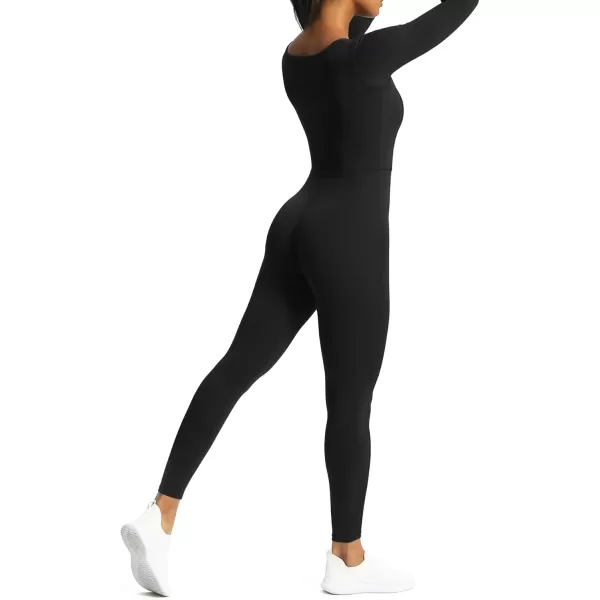 Aoxjox Women Yoga Jumpsuits Workout Balance Bodysuit Long Sleeve Sport JumpsuitsBlack