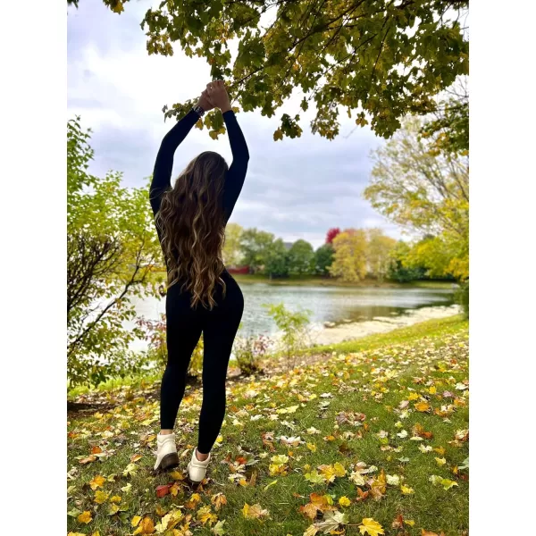 Aoxjox Women Yoga Jumpsuits Workout Balance Bodysuit Long Sleeve Sport JumpsuitsBlack