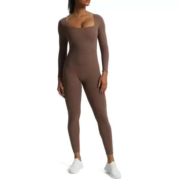 Aoxjox Women Yoga Jumpsuits Workout Balance Bodysuit Long Sleeve Sport JumpsuitsFudge Coffee