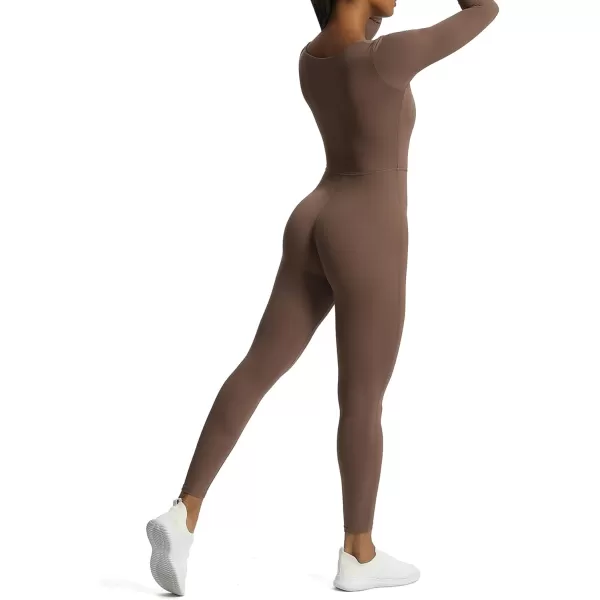 Aoxjox Women Yoga Jumpsuits Workout Balance Bodysuit Long Sleeve Sport JumpsuitsFudge Coffee