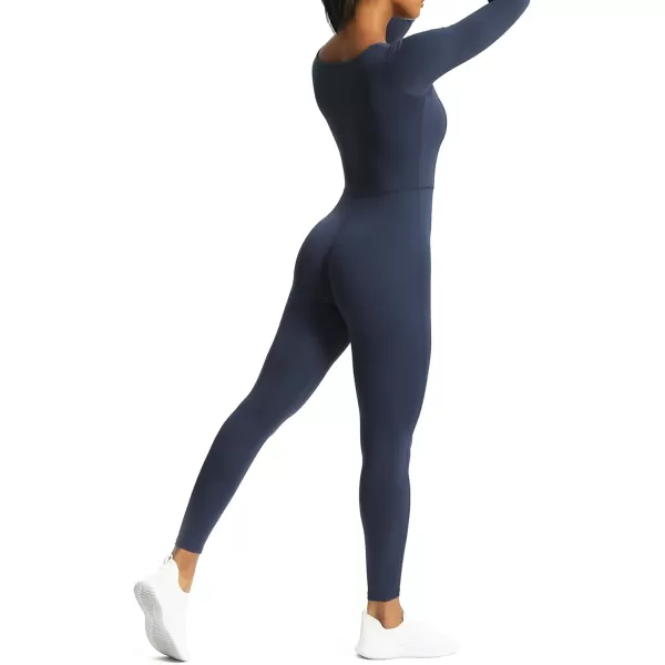 Aoxjox Women Yoga Jumpsuits Workout Balance Bodysuit Long Sleeve Sport JumpsuitsNavy