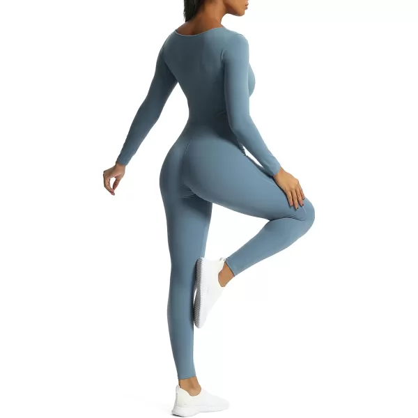 Aoxjox Women Yoga Jumpsuits Workout Balance Bodysuit Long Sleeve Sport JumpsuitsSteel Blue
