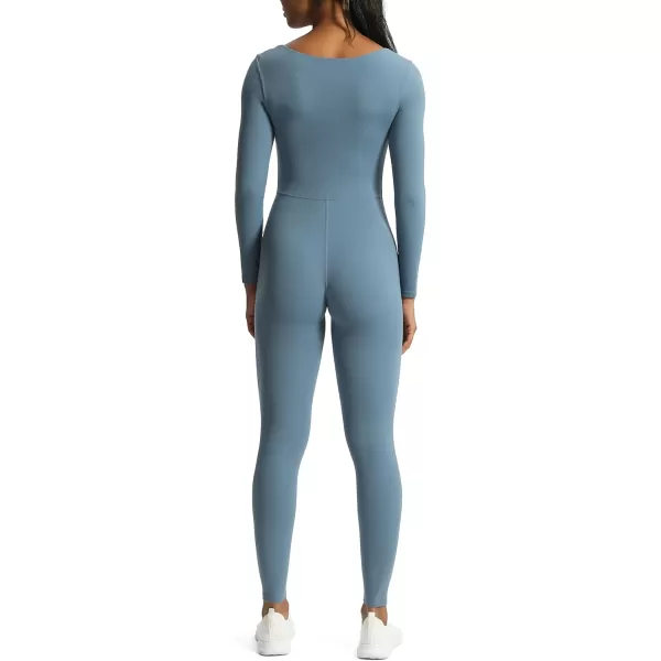 Aoxjox Women Yoga Jumpsuits Workout Balance Bodysuit Long Sleeve Sport JumpsuitsSteel Blue