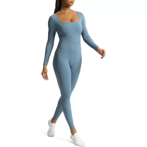 Aoxjox Women Yoga Jumpsuits Workout Balance Bodysuit Long Sleeve Sport JumpsuitsSteel Blue