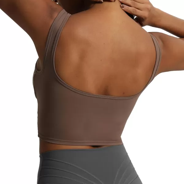 Aoxjox Womens Workout Brooke Tank Crop Curve Longline Fitness Sports Bras Padded Training Gym Bra Yoga TopFudge Coffee