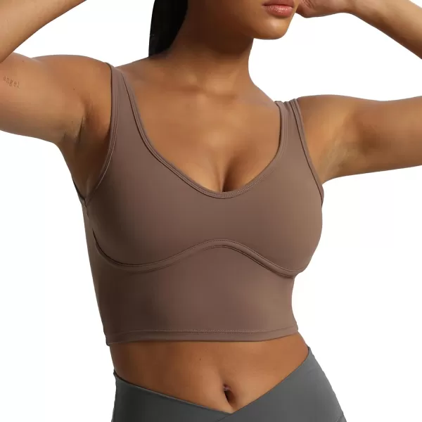 Aoxjox Womens Workout Brooke Tank Crop Curve Longline Fitness Sports Bras Padded Training Gym Bra Yoga TopFudge Coffee