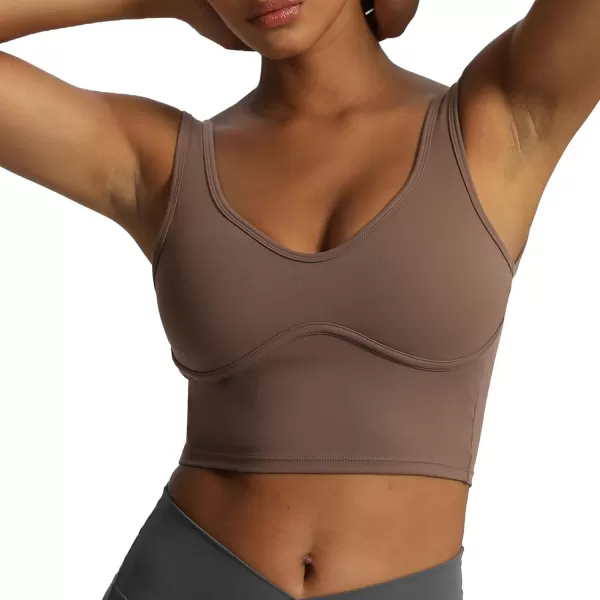 Aoxjox Womens Workout Brooke Tank Crop Curve Longline Fitness Sports Bras Padded Training Gym Bra Yoga TopFudge Coffee
