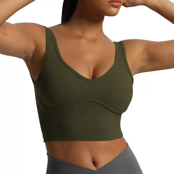 Aoxjox Womens Workout Brooke Tank Crop Curve Longline Fitness Sports Bras Padded Training Gym Bra Yoga TopOlive Green