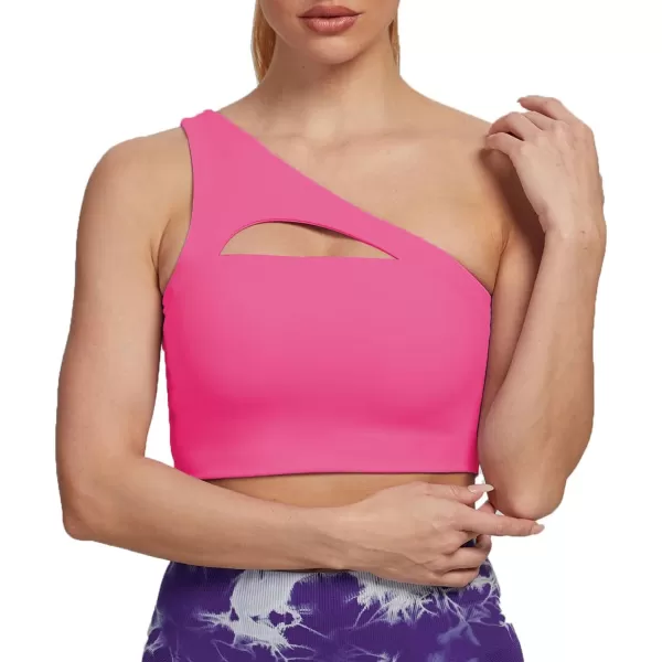 Aoxjox Womens Workout Sports Bras Fitness Gym Olivia Asymmetric One Shoulder Padded Bra Yoga Crop Tank TopAzalea Pink