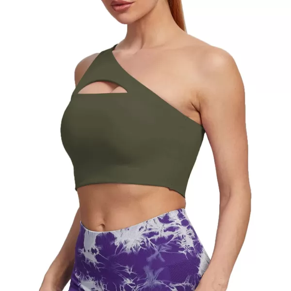 Aoxjox Womens Workout Sports Bras Fitness Gym Olivia Asymmetric One Shoulder Padded Bra Yoga Crop Tank TopOlive Green