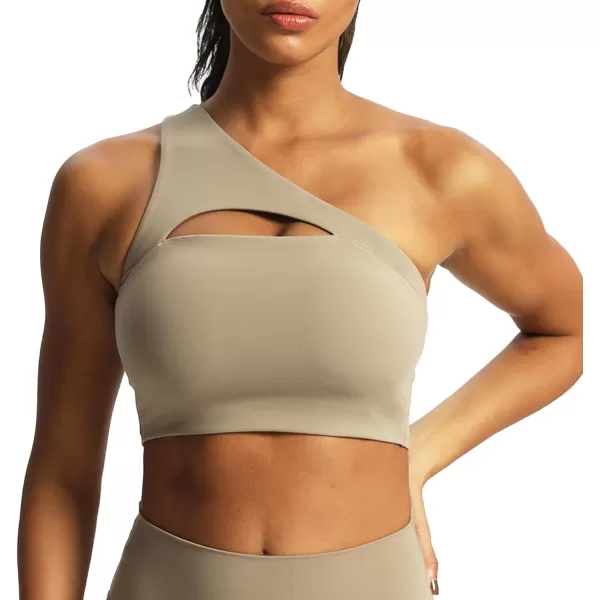 Aoxjox Womens Workout Sports Bras Fitness Gym Olivia Asymmetric One Shoulder Padded Bra Yoga Crop Tank TopTaupe