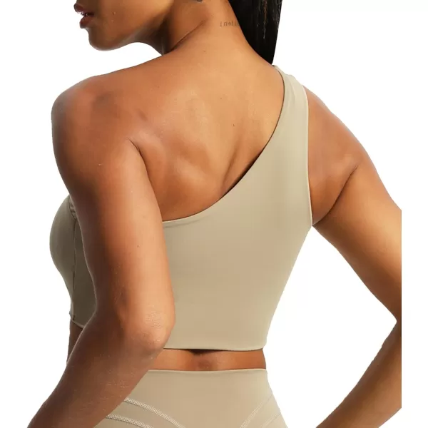 Aoxjox Womens Workout Sports Bras Fitness Gym Olivia Asymmetric One Shoulder Padded Bra Yoga Crop Tank TopTaupe