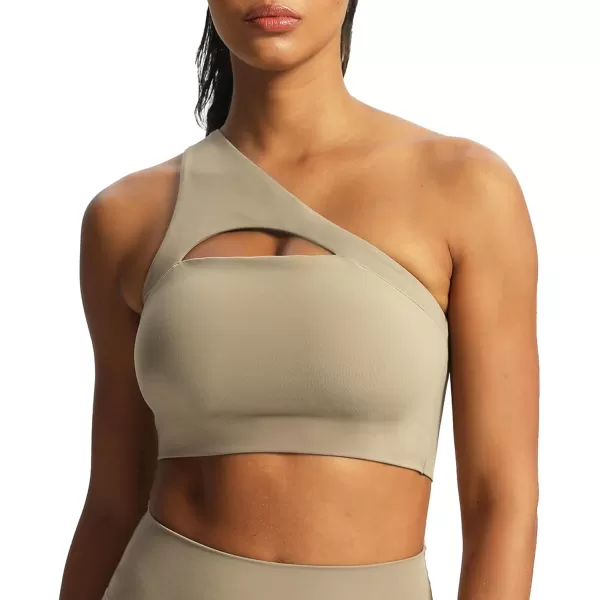 Aoxjox Womens Workout Sports Bras Fitness Gym Olivia Asymmetric One Shoulder Padded Bra Yoga Crop Tank TopTaupe