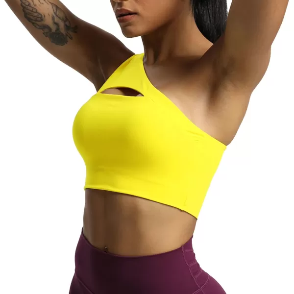 Aoxjox Womens Workout Sports Bras Fitness Gym Olivia Asymmetric One Shoulder Padded Bra Yoga Crop Tank TopVibrant Yellow