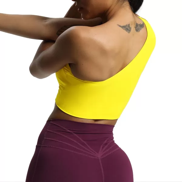 Aoxjox Womens Workout Sports Bras Fitness Gym Olivia Asymmetric One Shoulder Padded Bra Yoga Crop Tank TopVibrant Yellow