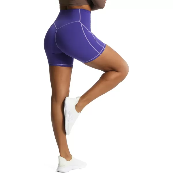 Aoxjox Workout Biker Shorts for Women Tummy Control High Waisted Exercise Gym Yoga Lined Shorts 6quotDeep Blue Paisley Purple