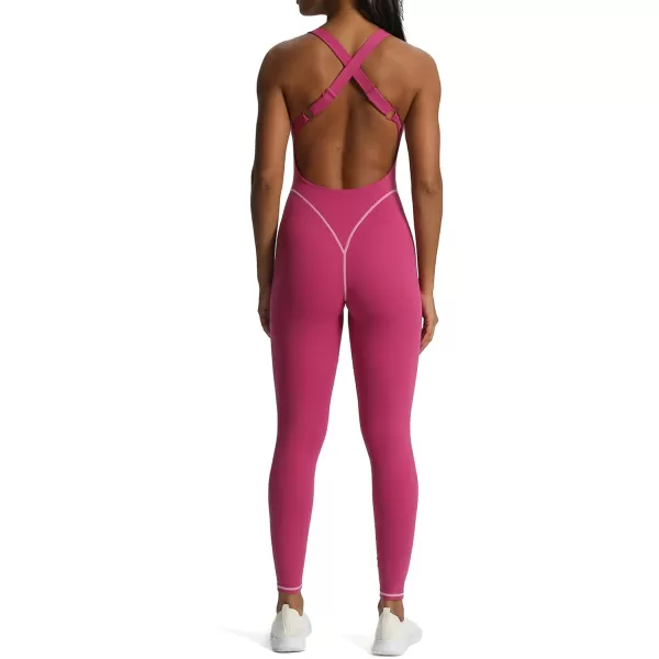 Aoxjox Workout Jumpsuit for Women Brooke Cross Back One Piece Scrunch Gym Yoga Sports Bras JumpsuitsB Baton Red Mauve