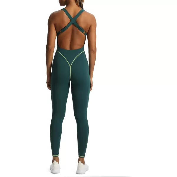 Aoxjox Workout Jumpsuit for Women Brooke Cross Back One Piece Scrunch Gym Yoga Sports Bras JumpsuitsB Dark Sea Green Lime Green