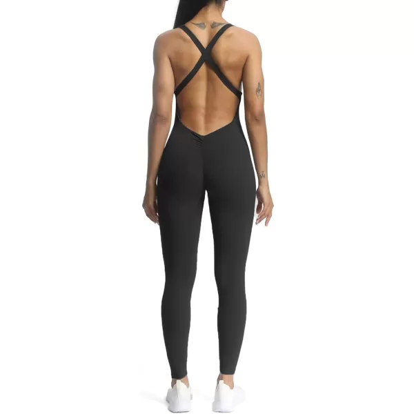 Aoxjox Workout Jumpsuit for Women Brooke Cross Back One Piece Scrunch Gym Yoga Sports Bras JumpsuitsBlack