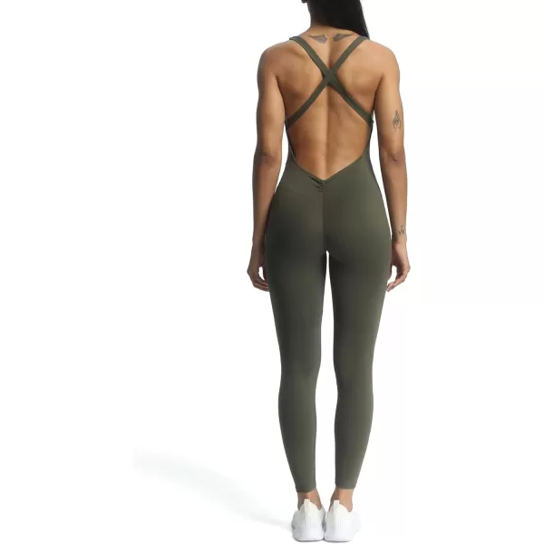 Aoxjox Workout Jumpsuit for Women Brooke Cross Back One Piece Scrunch Gym Yoga Sports Bras JumpsuitsOlive Green