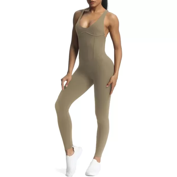 Aoxjox Workout Jumpsuit for Women Brooke Cross Back One Piece Scrunch Gym Yoga Sports Bras JumpsuitsTaupe