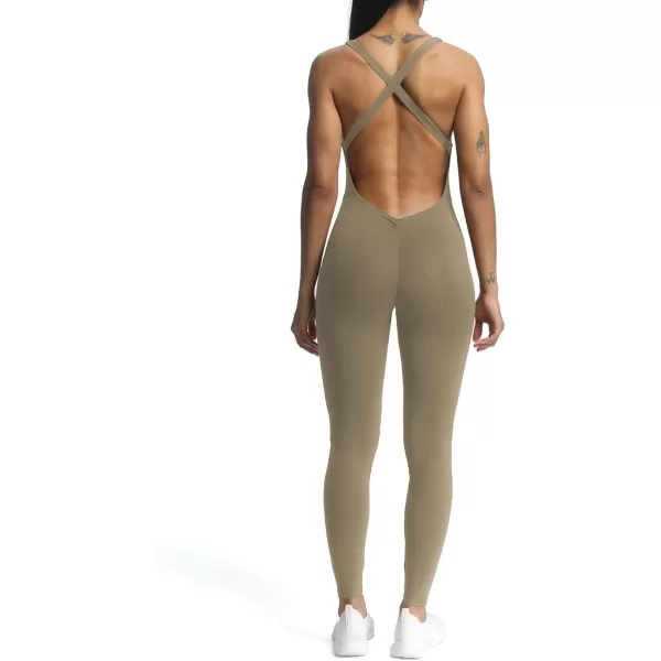 Aoxjox Workout Jumpsuit for Women Brooke Cross Back One Piece Scrunch Gym Yoga Sports Bras JumpsuitsTaupe