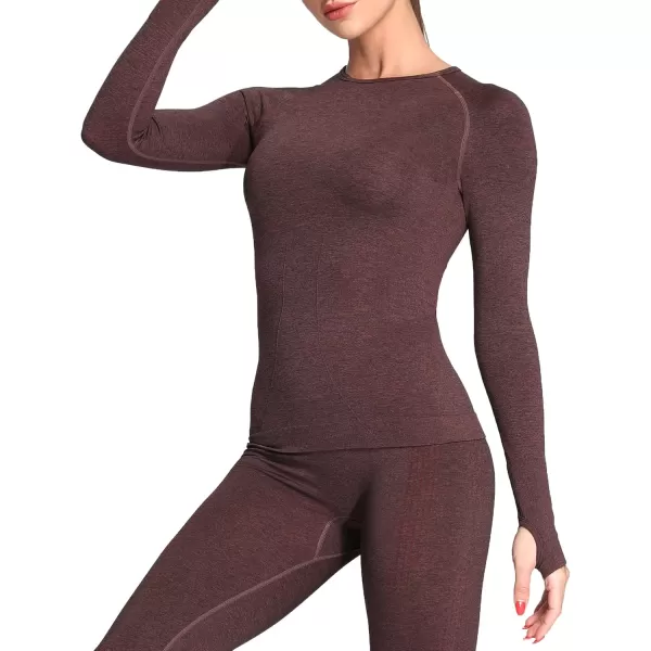 Aoxjox Workout Long Sleeve Shirts for Women Fall Workout Shirts Gym Yoga Running Seamless Tee TShirt TopsB Cherry Brown Marl