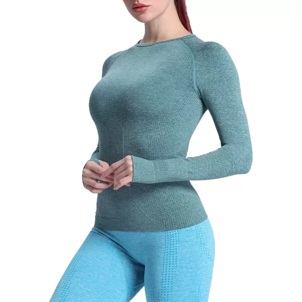 Aoxjox Workout Long Sleeve Shirts for Women Fall Workout Shirts Gym Yoga Running Seamless Tee TShirt TopsB Dark Green Marl