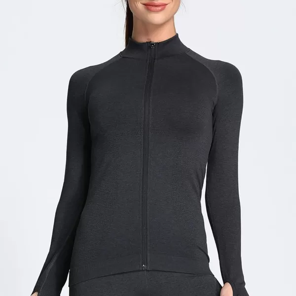 Aoxjox Workout Long Sleeve Shirts for Women Fall Workout Shirts Gym Yoga Running Seamless Tee TShirt TopsFullzip Black Marl