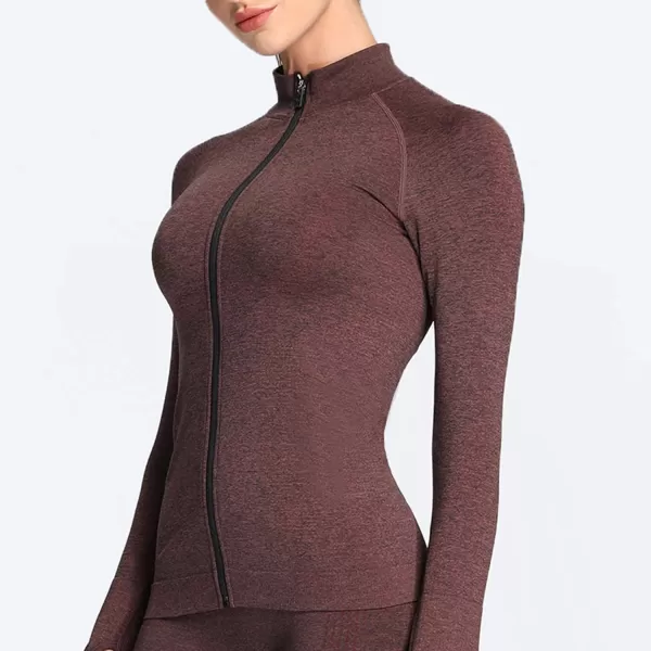 Aoxjox Workout Long Sleeve Shirts for Women Fall Workout Shirts Gym Yoga Running Seamless Tee TShirt TopsFullzip Cherry Brown Marl
