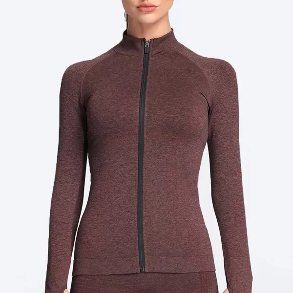 Aoxjox Workout Long Sleeve Shirts for Women Fall Workout Shirts Gym Yoga Running Seamless Tee TShirt TopsFullzip Cherry Brown Marl
