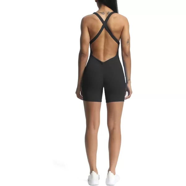 Aoxjox Workout Rompers for Women Brooke Cross Back One Piece Scrunch Gym Yoga Sports Bras JumpsuitBlack